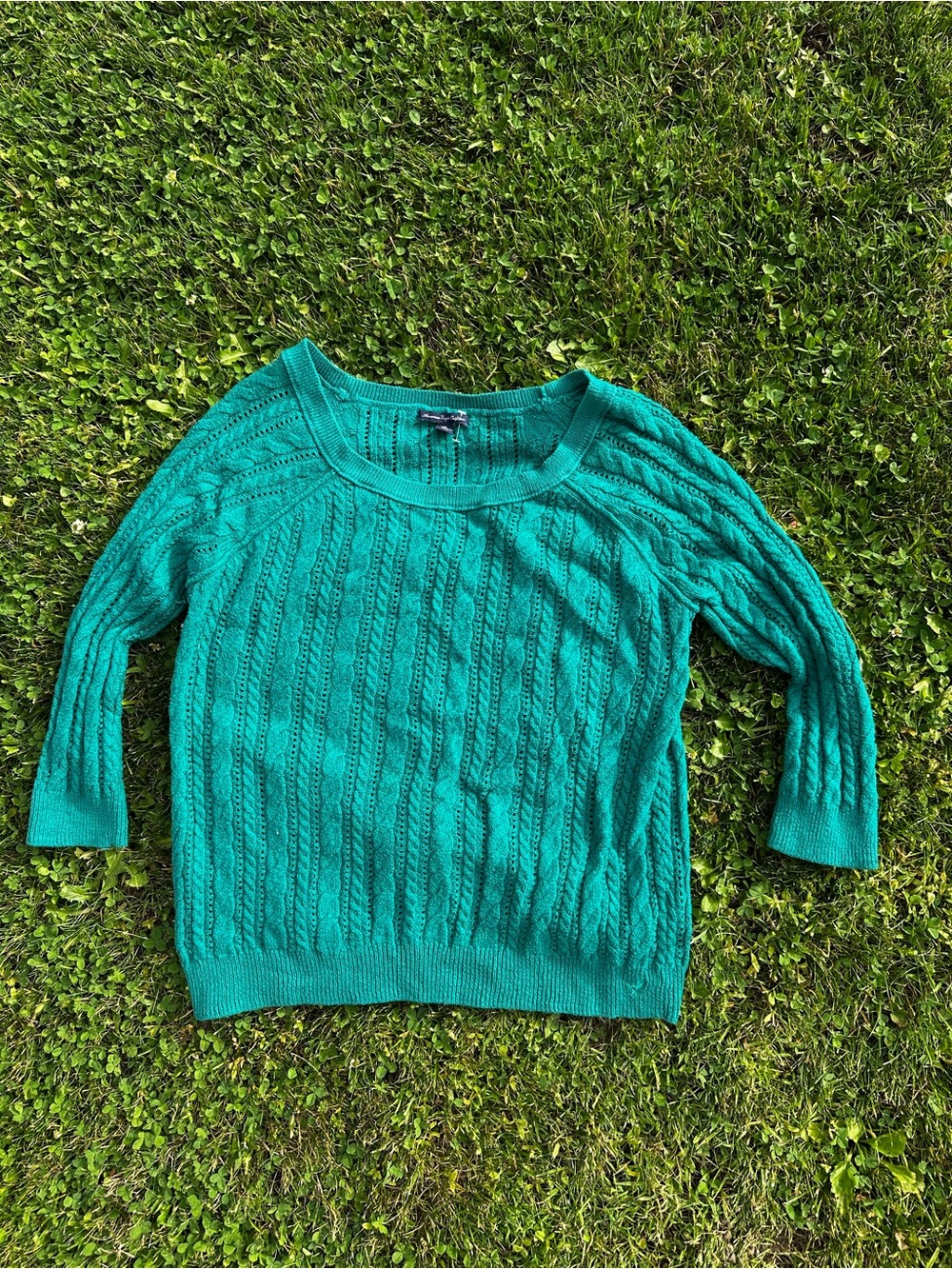 American Eagle Outfitters Teal Cable-Knit Crewneck Sweater
